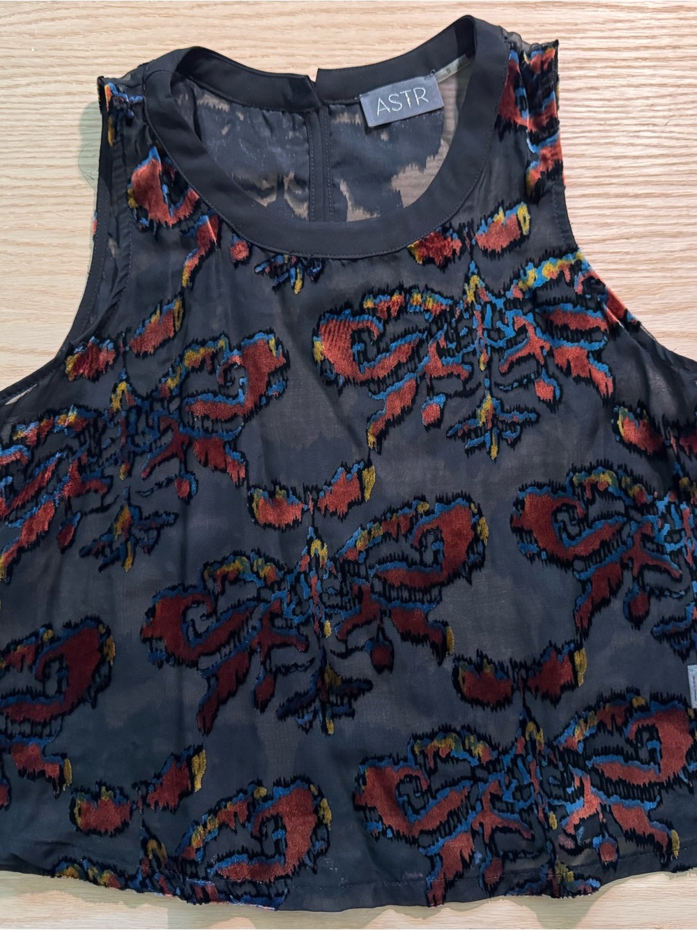 ASTR Sheer Top with Red, Blue & Yellow Burnout Pattern
